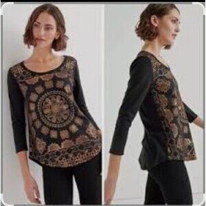Lucky Brand Womens M Black Metallic Bronze Foil Medallion Graphic Tee Shirt Boho